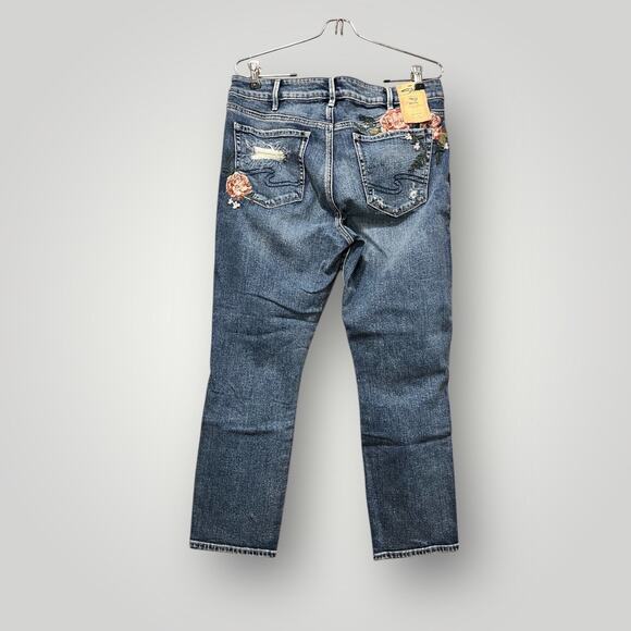 Silver Jeans NWT Women’s Mazy Slim Crop Size W:30 L:25 Embroidered Roses Denim - Picture 2 of 16